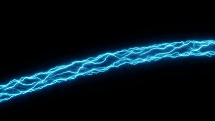 Poster - Blue electric discharge with bright particles flowing rapidly on black background. Energy, sci-fi and power concept footage.