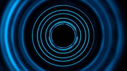 Poster - Abstract blue neon light lines forming a tunnel or portal. Futuristic motion graphics with glowing particles for technology concept.