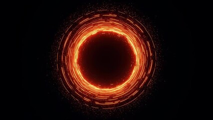 Poster - Rotating fire spark circle on black background and glowing particles. Abstract tunnel portal with energy light effect. Dynamic animation footage.