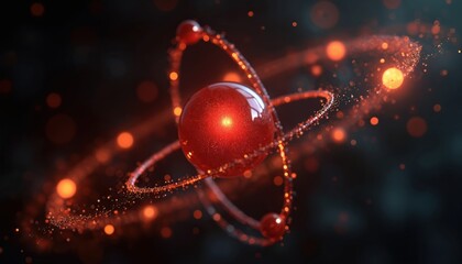 Poster - 3D rendering of atom. Red nucleus with orbiting electrons in atomic structure. Science concept for education, research, physics, chemistry, quantum, molecular studies. Atomic model with energy