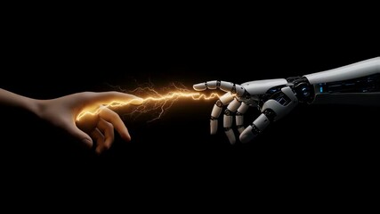 Poster - Human hand and robot hand touching with electricity between fingers, artificial intelligence concept, future technology interaction.