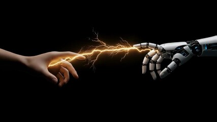 Poster - Human hand and robot hand touching with electric spark. Artificial intelligence and human connection concept. Future technology interaction footage.