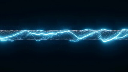  - Bright blue electrical arc with glowing light discharge on power cable and sparks on black background with abstract illumination footage.