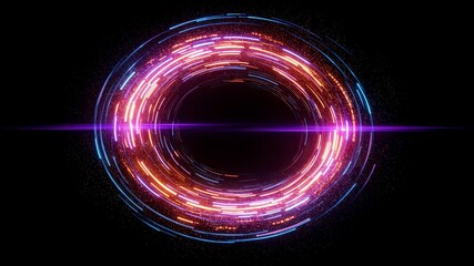 Poster - Moving light trails forming a vibrant geometric circle with a particle effect and lens flare. Technology abstract motion background footage.