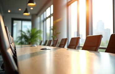 Aufkleber - Modern office meeting room with conference table. Brown leather chairs, natural daylight. Business workplace, company interior, corporate design, nobody. Empty meeting room, business meeting,