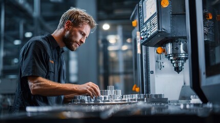 Poster - CNC Operator Inspecting Machined Parts in Professional Workshop Setting