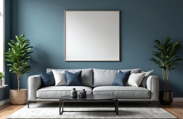 Aufkleber - Modern living room interior with mock-up poster frame. Grey sofa blue wall stylish furnitures, decorations and personal accessories. Template for home decor projects. Minimalist apartment design.