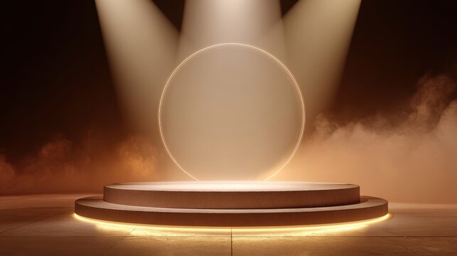 A 4K photo of premium stage scene with bright white lighting, floating clear circle platform, and warm tan matte textures rendered in high resolution.