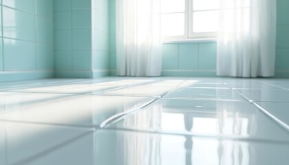 Aufkleber - Clean, bright interior scene, white tiled floor and blue walls. Window natural sunlight reflects creating minimalist style. Interior design concept with modern home elements.