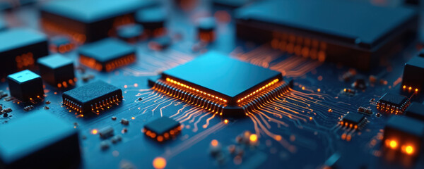 Poster - Abstract tech background circuit board, digital computer CPU. Microchip processor, futuristic computing science hardware. Binary microchip processor in laptop motherboard. Virtual integration concept.