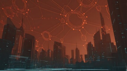 Poster - Cyberpunk city with network overlay backdrop