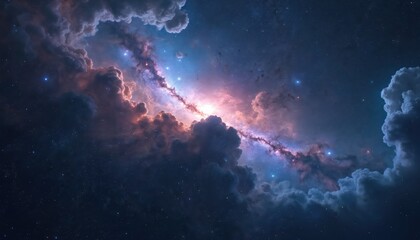Poster - Illustration of cosmic nebula with bright stars, gas clouds. Deep space, dark night sky with galaxy clusters, stellar formations. Blue, purple, orange colors. Cosmos, universe, astronomy, outer space