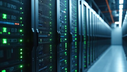 Poster - Rows of server racks illuminate with green lights inside modern data center. High-tech equipment, servers, cloud computing tech, data storage, processing. Digital transformation, internet of things,