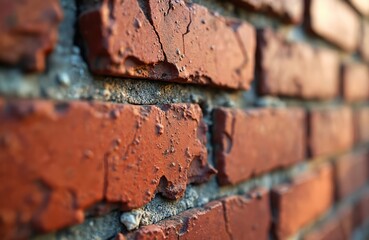 Poster - Macro close-up red brick texture. Old, rough, grunge surface. Brick wall detail, brown clay material, aged brickwork with weathered exterior, urban construction. Building exterior.