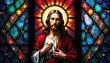 © Treesa - Vibrant stained glass window depicting a serene Christ, radiating light and symbolic colors Perfect for religious themes, Easter, Christmas, or inspirational projects , cathedral, cross, serene