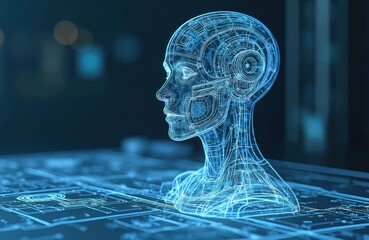 Poster - Intricate blueprint robot head, futuristic tech concept. Digital AI human design. Technology, engineering meet robotics. Innovation, AI, machine learning, circuit board. Blue light, abstract cyber