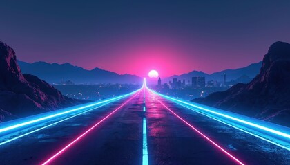 Poster - Futuristic neon highway leads to horizon. Abstract cityscape illustration with glowing asphalt road to endless journey destination. Digital art design in vivid colors, perfect for travel tech modern