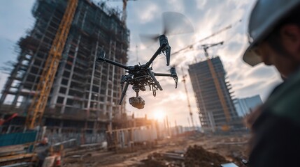 Poster - Worker Operating Drone During Building Construction at Sunset