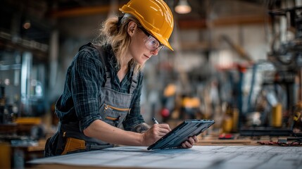 Fototapete - Female Engineer Working with Digital Tools in Construction Site