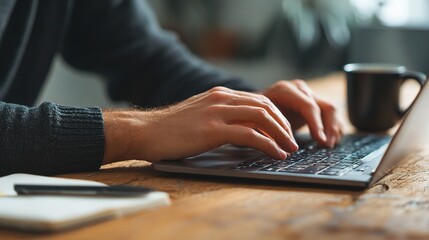 Poster - Hands Typing on Laptop Keyboard in Cozy Workspace with Coffee