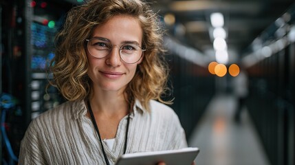 Poster - Professional Female Engineer with Eyeglasses in Server Room