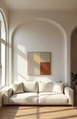 Poster - Modern living room interior design with beige sofa against arch window. Minimalist home decor, wood floor, white walls with arch ceiling. Stylish apartment lounge area, artwork, sunlight, cozy