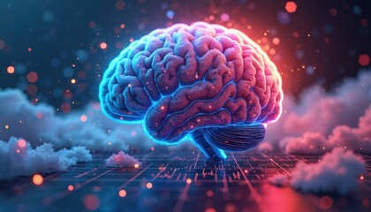 Poster - Abstract illustration of colorful brain model on background of clouds, digital circuit board. Concept of big data, artificial intelligence, creativity, tech. Idea for science, business, technology,