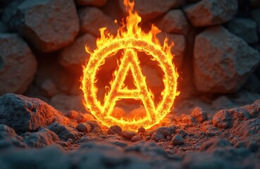 Poster - Glowing fiery alpha symbol on rock wall. Represents power, leadership, dominance with intense visual effect, molten energy. Symbolism, branding, graphic design. Ideal for tech, crypto, gaming