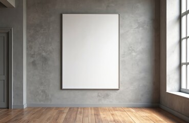 Aufkleber - Minimalistic gallery interior featuring blank poster. Modern design with concrete wall, wooden floor, door, window. Clean, bright space for art display presentation. Natural light, architectural