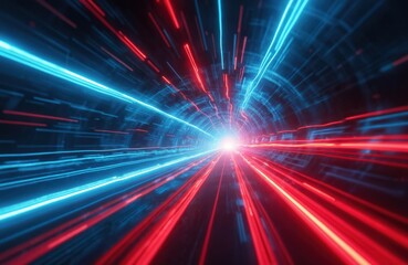Poster - Futuristic tunnel of light with blue, red streaks racing toward distant glow. Abstract digital art, perfect for tech, sci-fi, space, speed, motion, energy, internet concepts. High-tech illustration