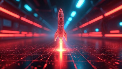 Poster - Futuristic red rocket model in dynamic environment. High-tech sci-fi concept in cyberspace. Digital 3d rendering, modern innovation in space travel, technology, startup launch concept.