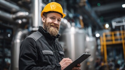 Poster - Industrial Engineer Portrait with Clipboard in Manufacturing Setting