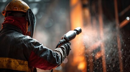 Poster - Technician Guiding Blasting Nozzle in Industrial Setting