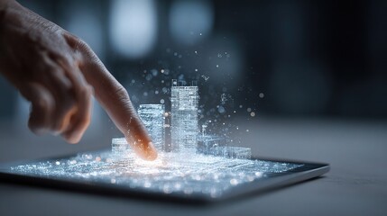 Poster - Close-Up of Hand Pointing at Holographic Construction Model