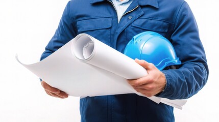 Poster - engineer holding blueprints in front of white background