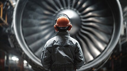 Poster - Aerospace Technician Standing by Jet Engine in Safety Gear