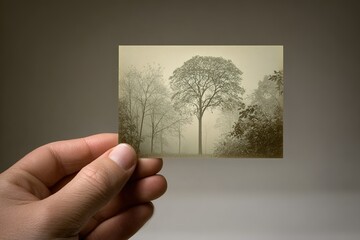 Poster - Holding a transparent image of a serene foggy forest with trees and soft light in the background