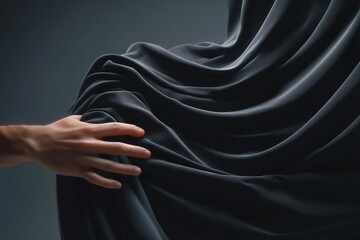 Poster - Hand gently touching dark fabric, highlighting texture and movement in a creative artistic display