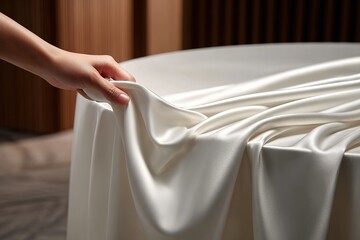 Poster - Elegant white fabric gracefully draped over a round table in a stylish indoor setting during daylight