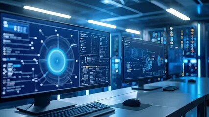 Server room featuring multiple computer monitors displaying data, graphs, and programming code for cyber security operations