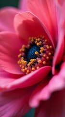 Poster - A close-up shot of a pink flower with bright yellow stamens, perfect for use in designs related to nature and beauty