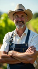 Poster - A person dressed in casual attire, wearing a hat and overalls, posing with their arms crossed