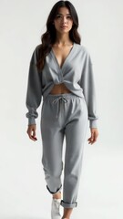 Aufkleber - A woman wearing a grey top and pants, possibly getting ready for an outdoor activity