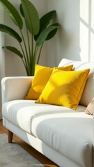 Aufkleber - A simple living room interior featuring a white couch with two bright yellow pillows