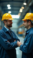 Poster - Two workers wearing hard hats and vests stand together, likely on a construction site