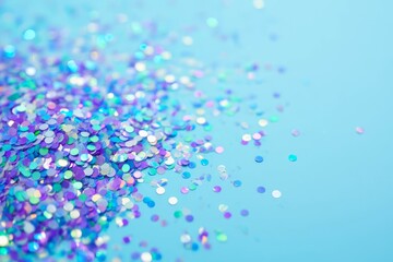 Poster - Pile of iridescent glitter confetti on light-blue background, creating a festive and joyful mood, ideal for celebration or party designs.