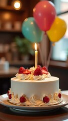 Poster - A classic birthday cake with a single lit candle on top