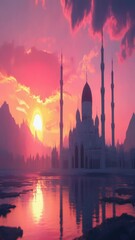 Poster - a large white building sits next to a calm body of water, offering stunning views