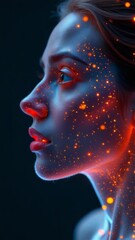 Aufkleber - A close-up shot of a woman's face covered in colorful, glowing paint