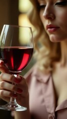 Aufkleber - A woman holding a glass of red wine, perfect for social media posts or articles about relaxation and enjoyment